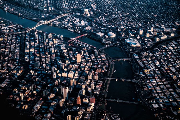 Aerial view of river and cityscape