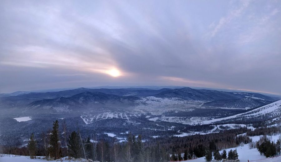 Panoramic view of snowcapped mountains against sky during winter