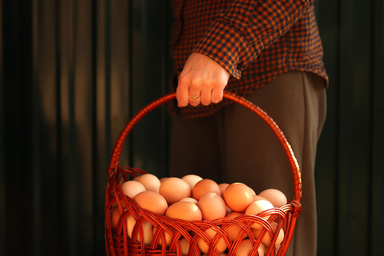 Many eggs in basket. female hand holding whole basket of brown organic eggs on modern green