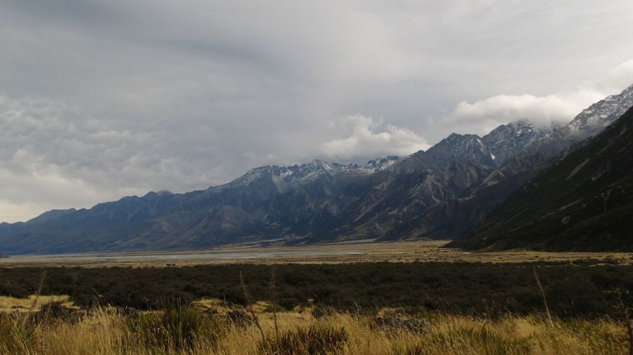 Scenic view of mountains against cloudy sky