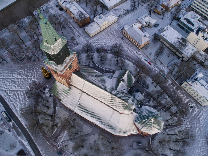High angle view of snow covered built structures