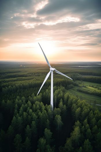 Windmill in a rural area forest during sunset. ai generated