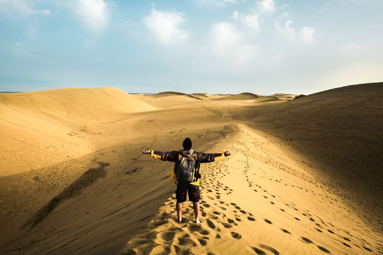 Rear view of man walking on sand dune