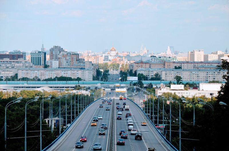 High angle view of cars on road in moscow city