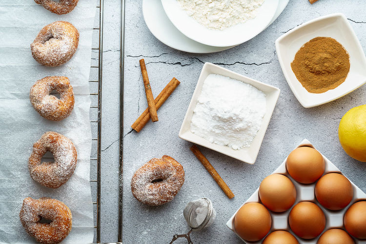 Small doughnut of wine with sugar and cinnamon and ingredients. donuts dessert