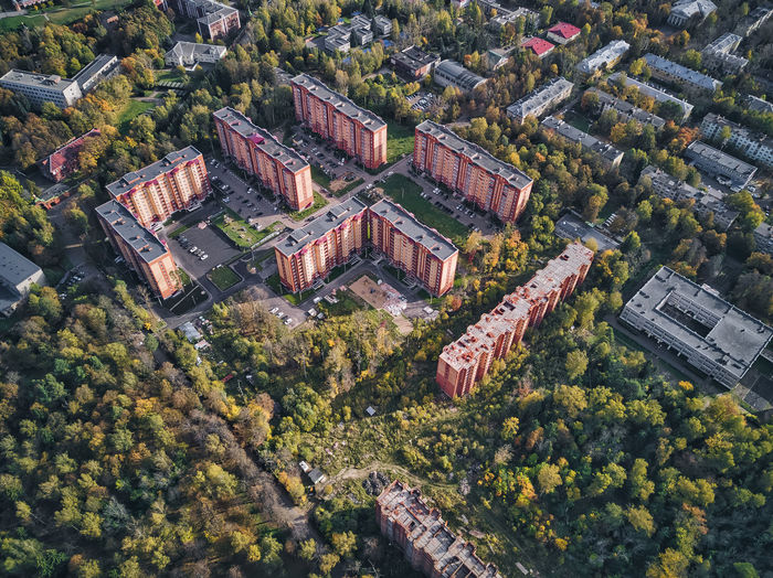 Cityscape of trees around residential building