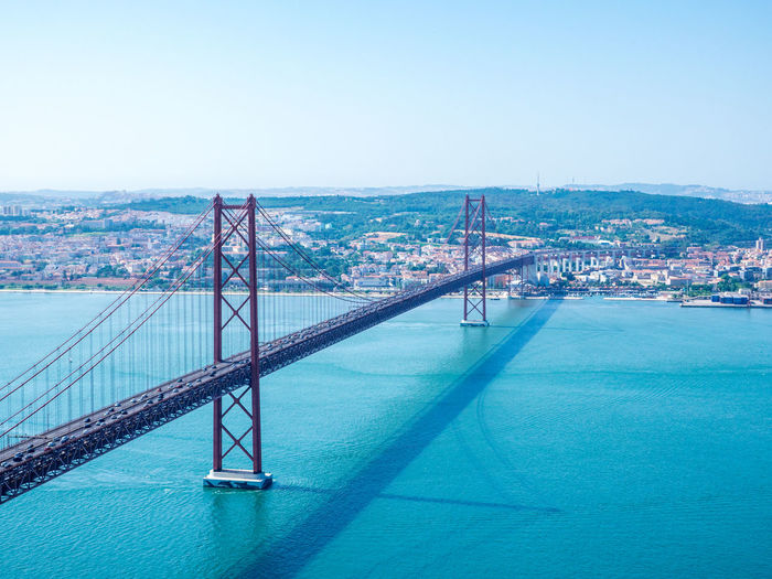 High angle view of april 25th bridge over tagus river