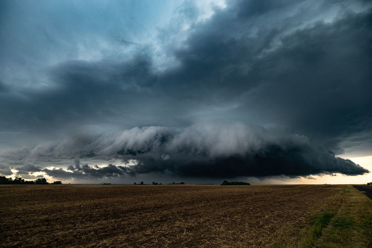 Rotating wall cloud of a supercell thunderstorm over the plains