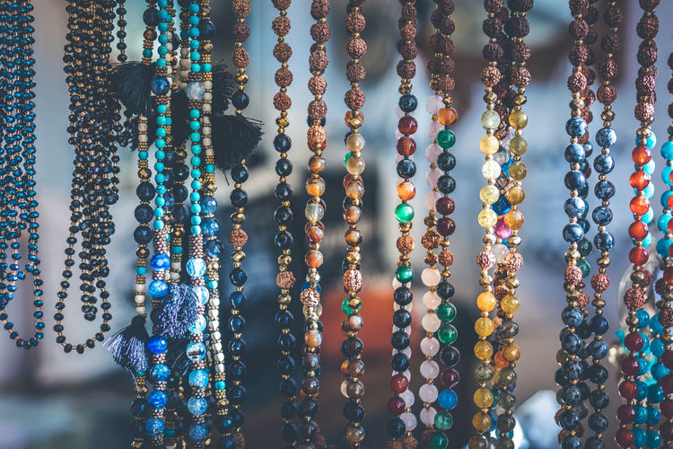 Close-up of bead necklace for sale at market
