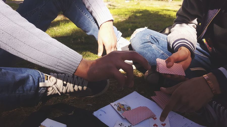 Friends playing cards in park