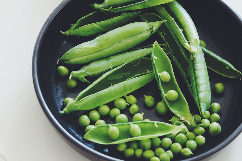 High angle view of green peas