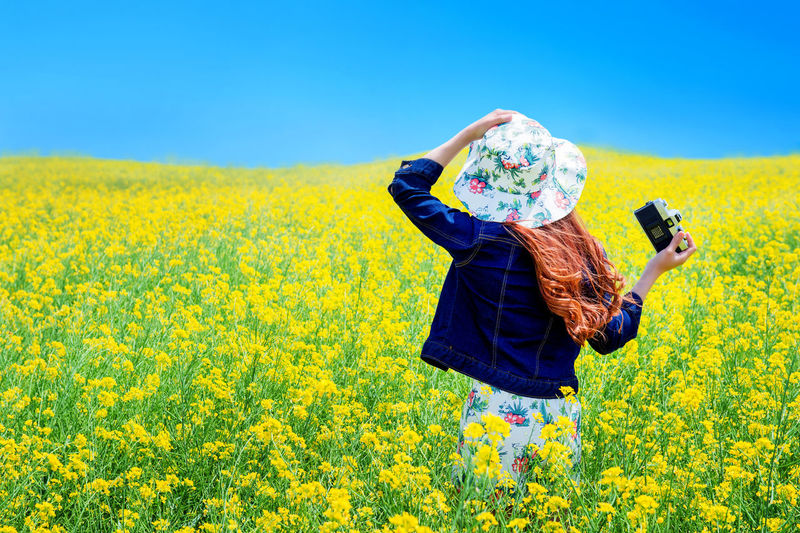Rear view of woman with camera standing at rape field