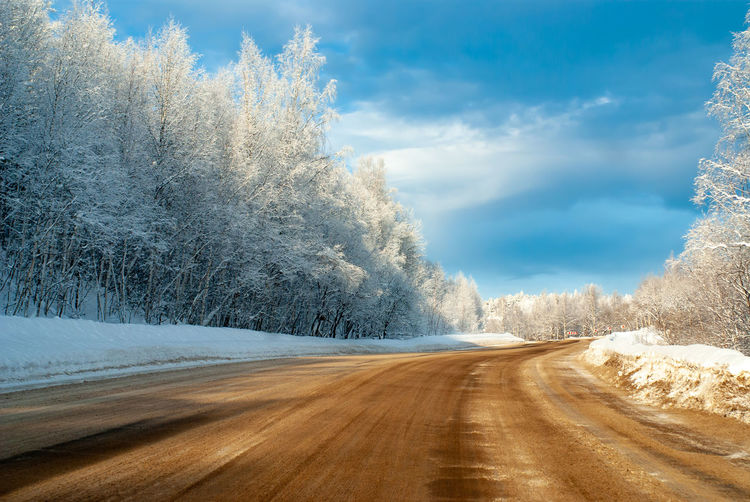 Winter track in the siberian taiga on a sunny frosty day 