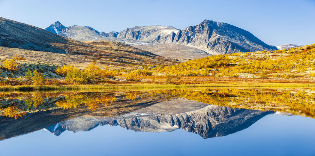 Reflection of mountains and trees in autumn landscape, norway.