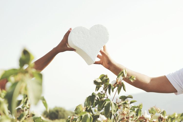 Cropped image of hands holding heart shape polystyrene against clear sky
