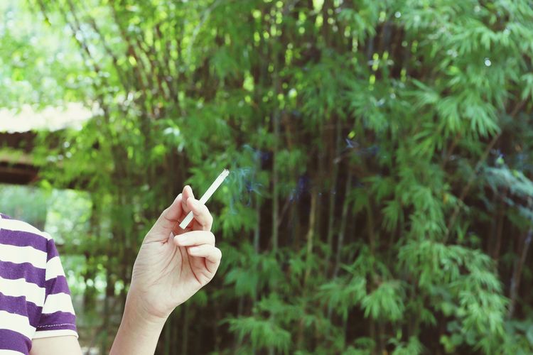 A woman's hand holding a cigarette in the park