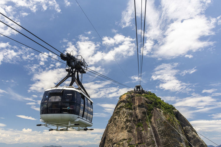 Low angle view of overhead cable car against sky