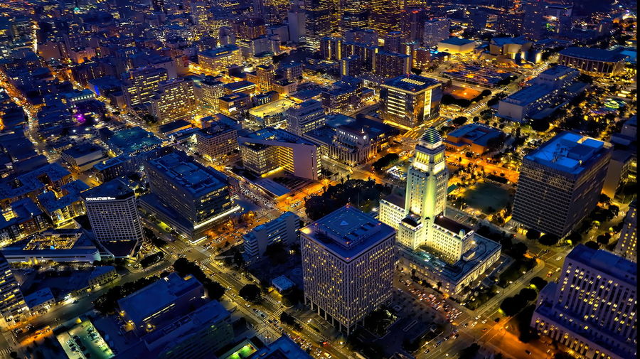 High angle view of city buildings at night,down town la