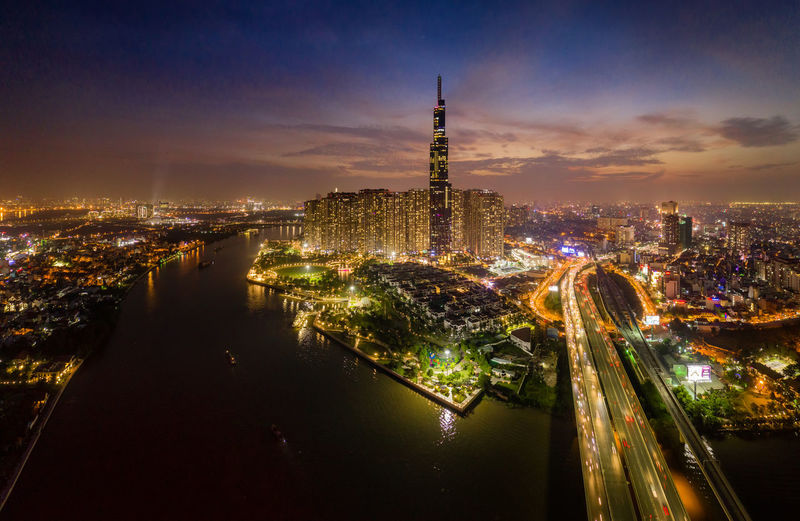 Illuminated landmark 81 buildings in city at night 