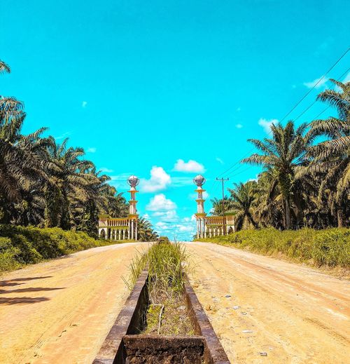 Road leading to palm trees against blue sky
