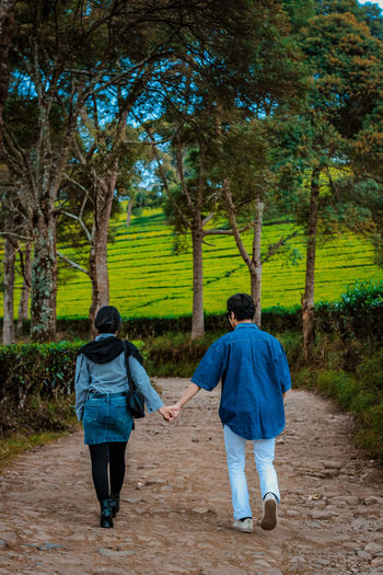 Rear view of couple walking on street amidst trees