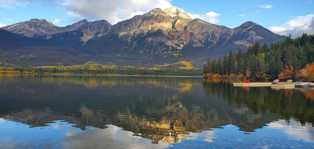 Scenic view of lake and mountains against sky