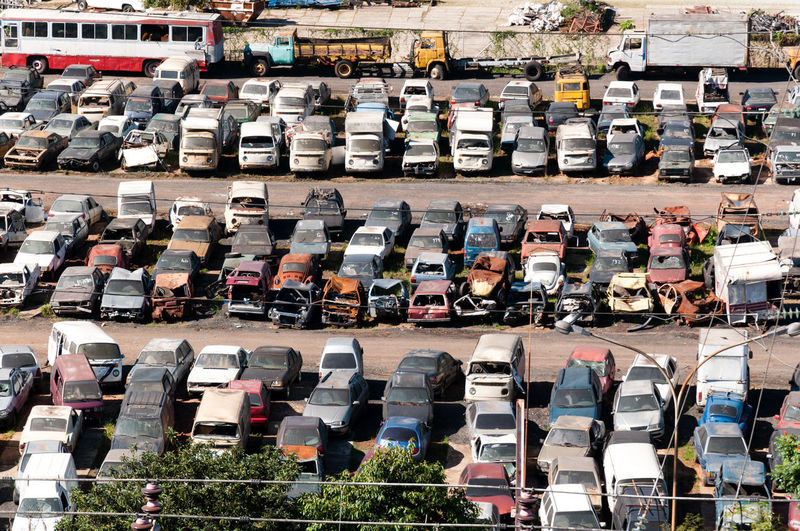 High angle view of cars at junkyard