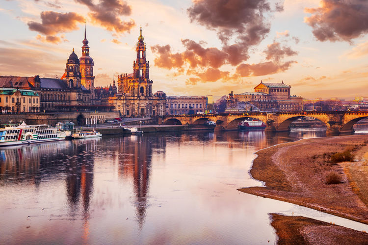 Dresden, germany. hofkirche, cathedral, bruehl terrace and elbe, sunrise beautiful light, saxony.