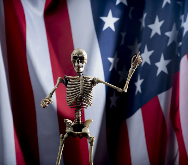 Close-up of artificial human skeleton against american flag