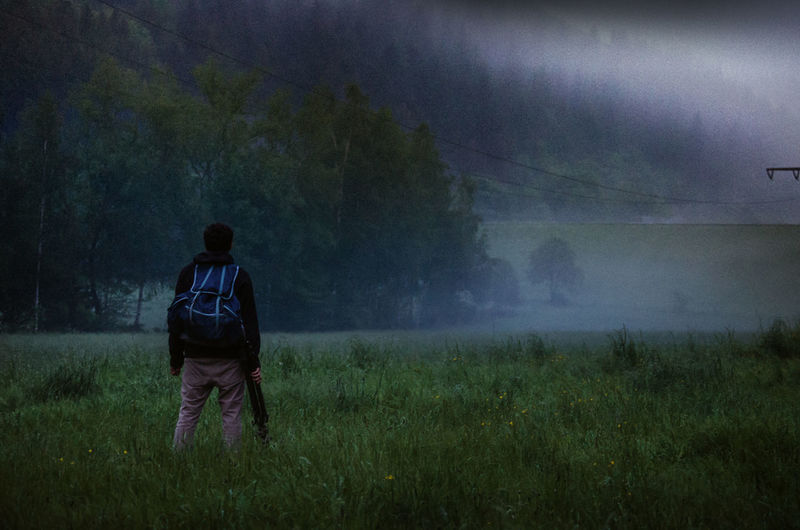 Rear view of man standing on grassy field during foggy weather at eifel
