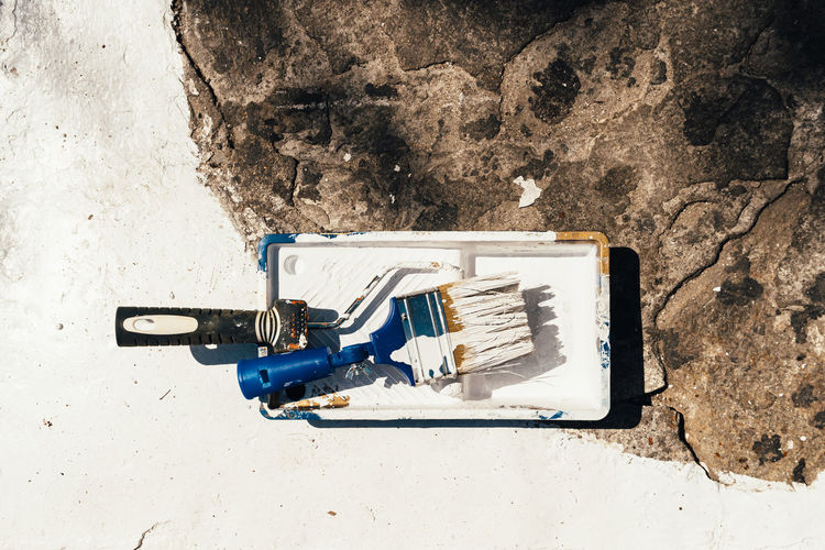 High angle view of painting tools