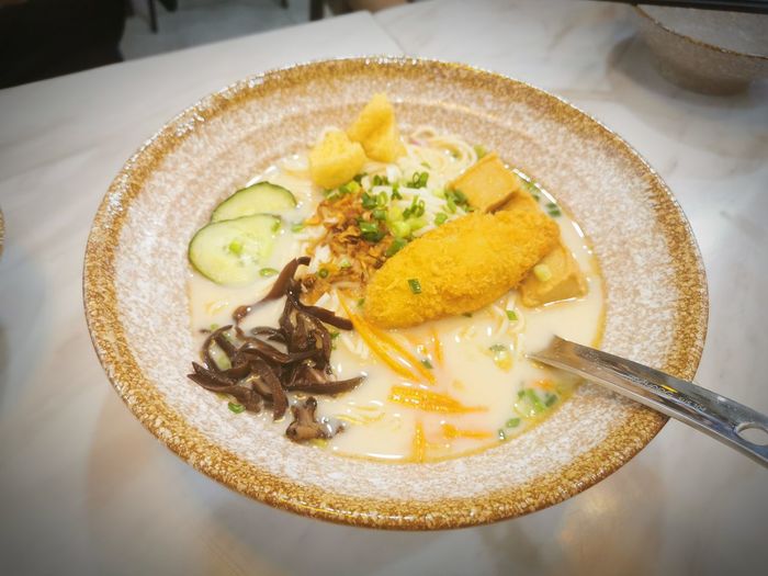 High angle view of breakfast served in plate