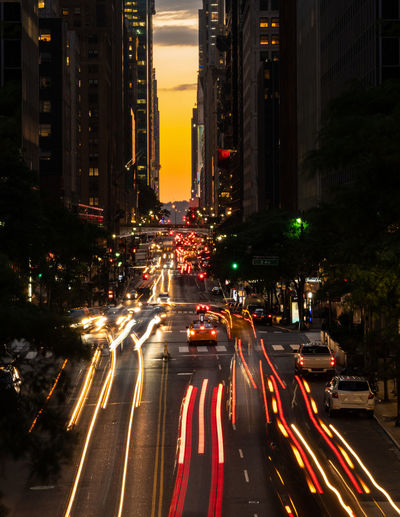 Traffic light trails on city street at night