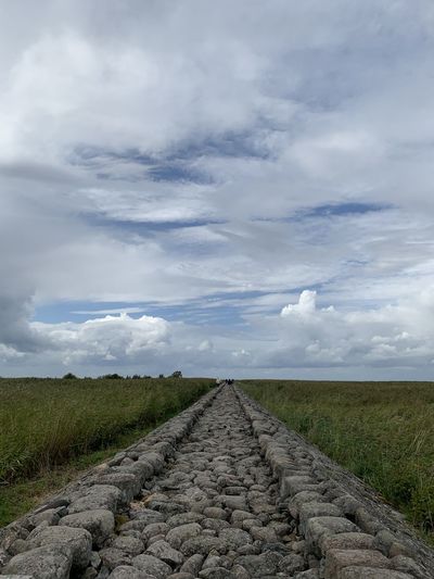 Surface level of dirt road on field against sky