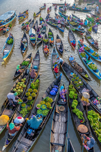 High angle view of floating market on river