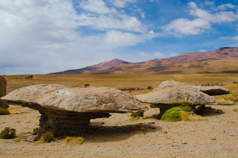 Mushroom shaped rocks at atacama desert against sky