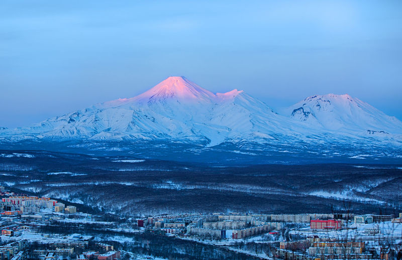 Panoramic view of the city petropavlovsk-kamchatsky and volcanoes
