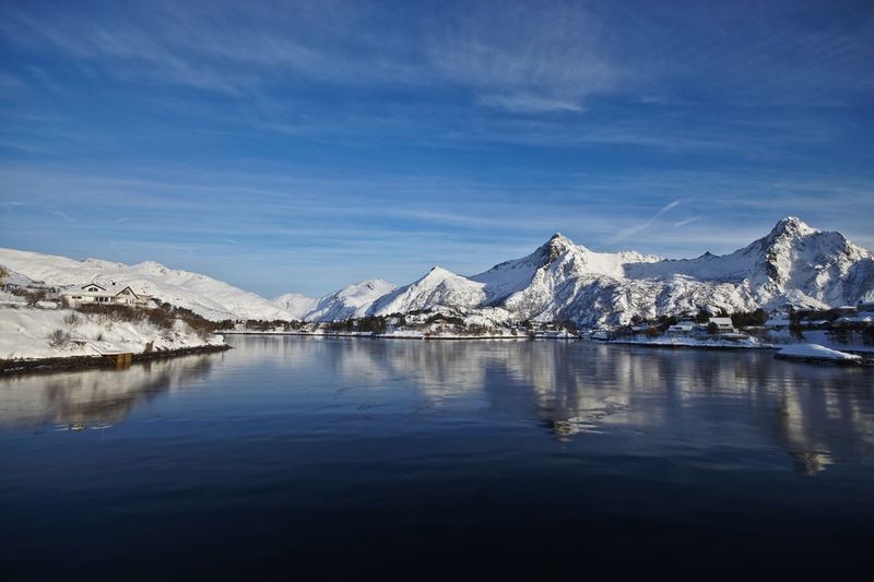 Scenic view of lake and snowcapped mountains against sky