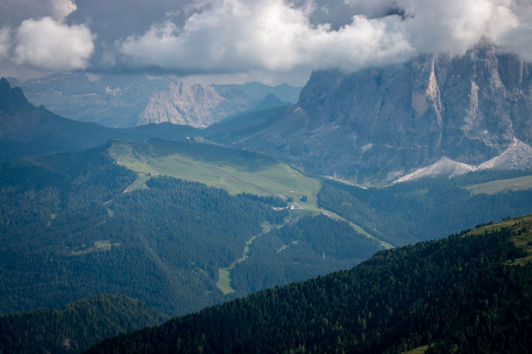 Scenic view of start area of saslong alpine ski world cup downhill race ciampinoi against sky