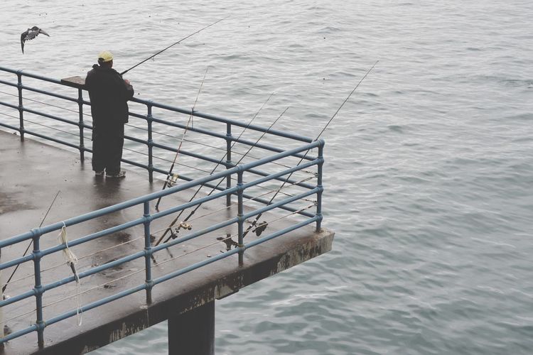 High angle view of man fishing at santa monica pier over sea