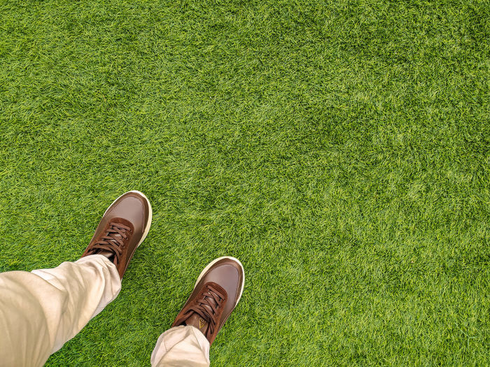 Low section of man wearing shoes on field