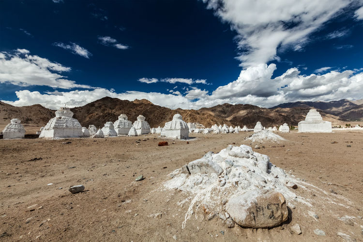 Whitewashed buddhist chortens, ladakh