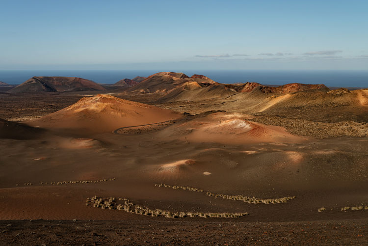 High angle view of colorful volcanic landscape at timanfaya national park on lanzarote