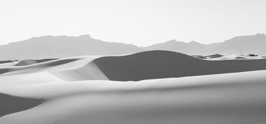 Black and white photo of the gypsum sand dunes in white sands national park