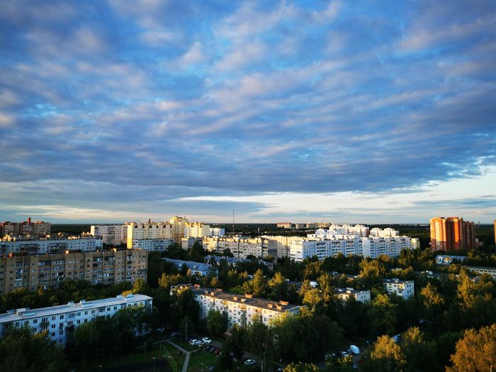 High angle view of buildings against sky