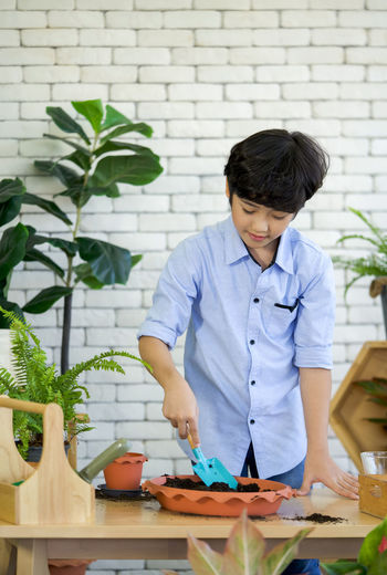 Full length of boy holding potted plant on table