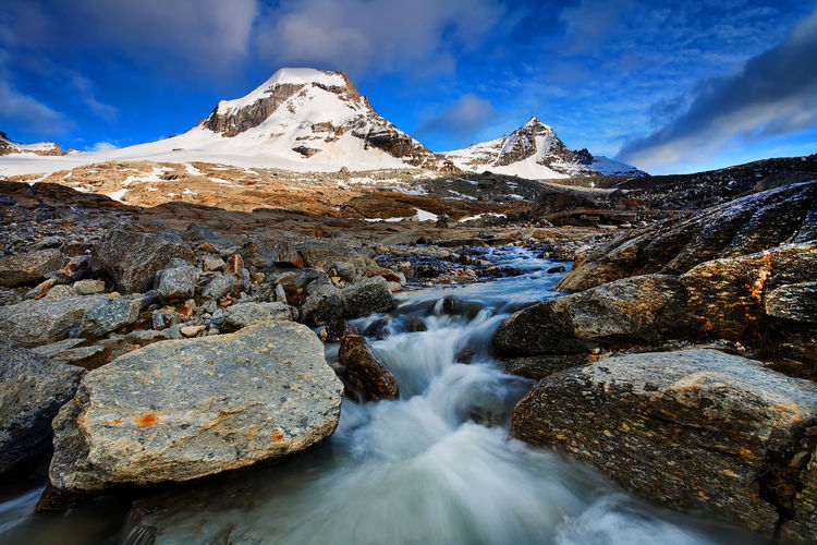 Stream flowing through rocks by snowcapped mountain