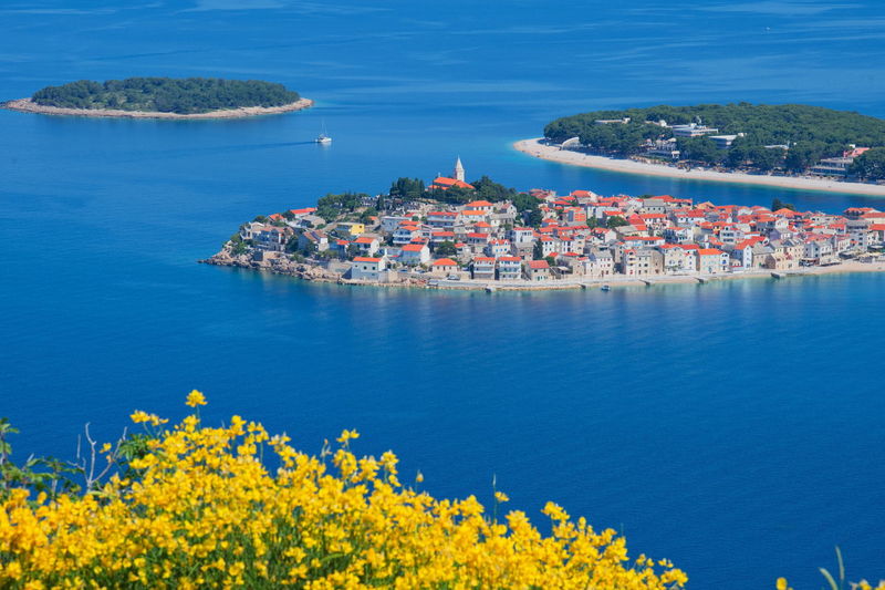 Areal view of of mediterranean town on clear blue sea with yellow field flowers in foreground