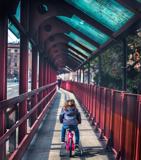 Rear view of woman riding bicycle on bridge