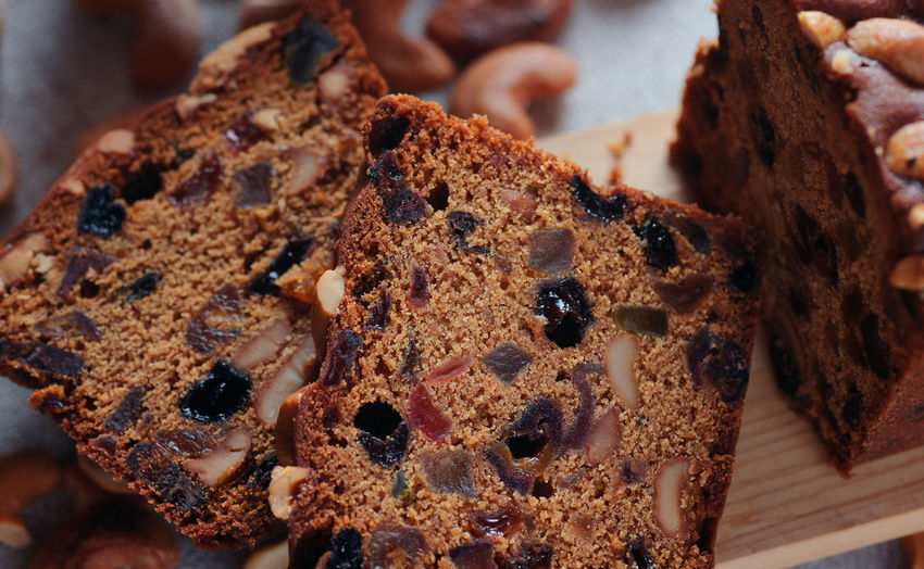 Sliced fruit cake with cashew nuts